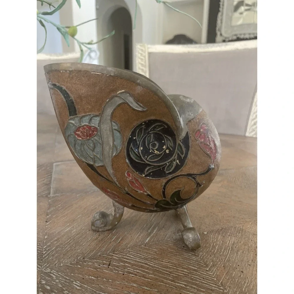 Vtg Antique Brass & Enamel Floral Cloisonné Nautilus Shell‎ Vase Urn 6